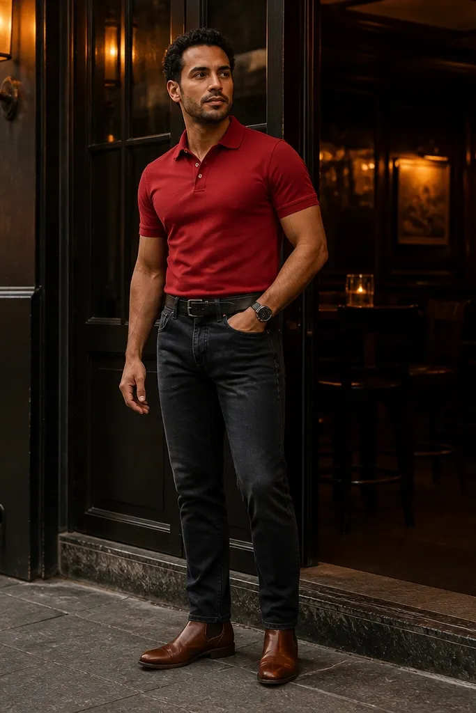 Red polo with charcoal jeans and brown Chelsea boots