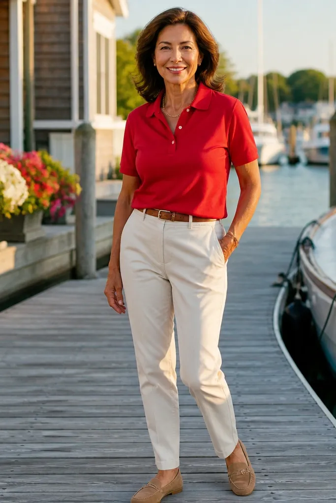 Red polo with cream chinos and tan suede loafers