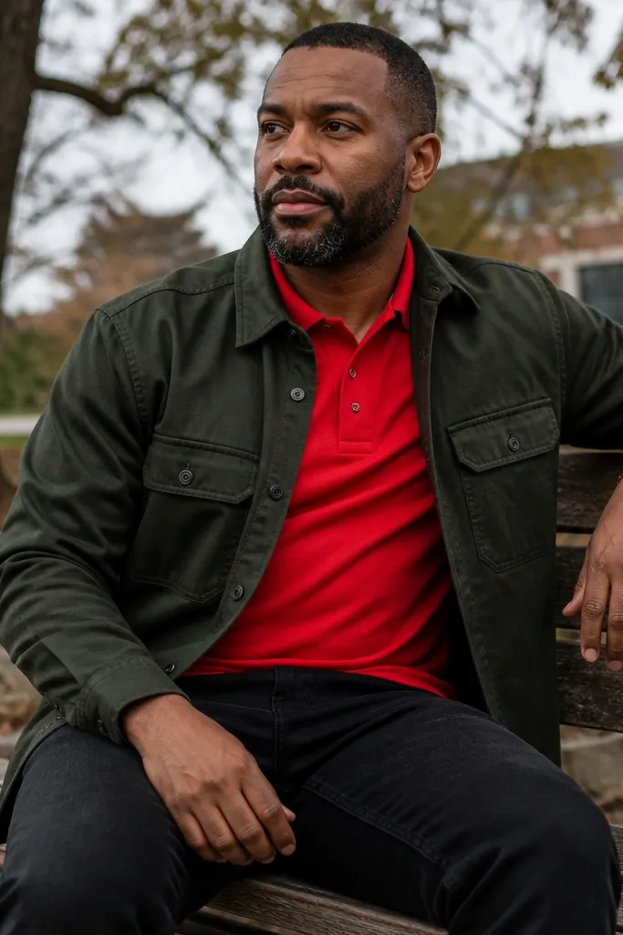 Red polo with olive overshirt and black denim