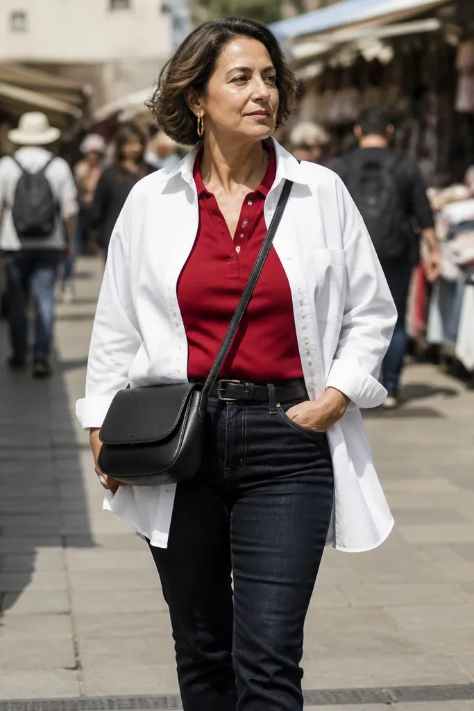 Red polo with white overshirt and dark jeans