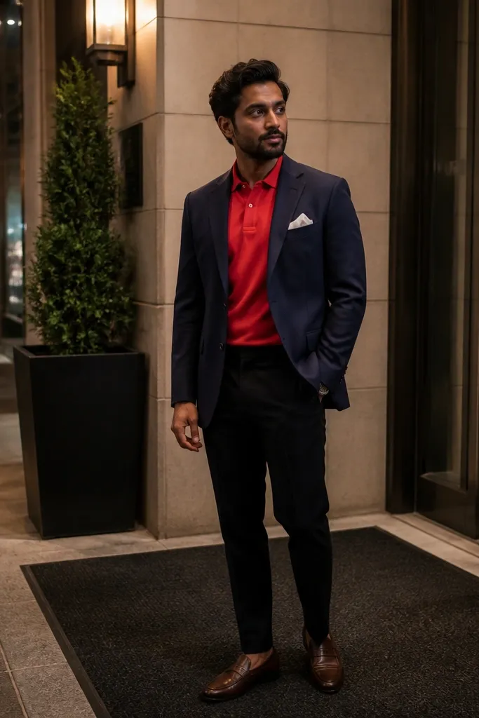 Red polo under a navy blazer with dark trousers
