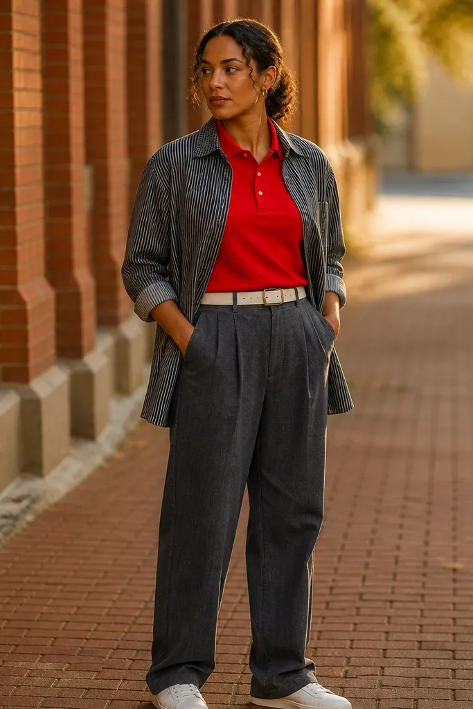 Red polo with matching red-toned striped layer and dark pants