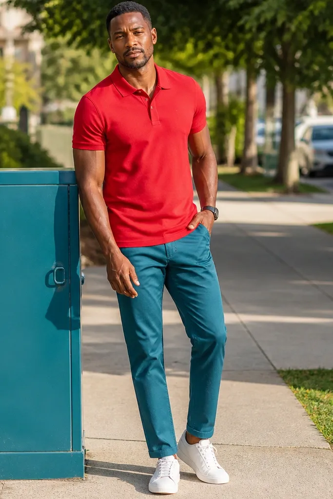 Red polo with teal chinos and white sneakers