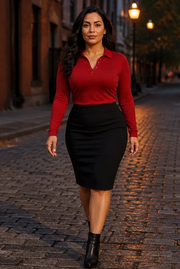 Red polo tucked into a black pencil skirt with ankle boots