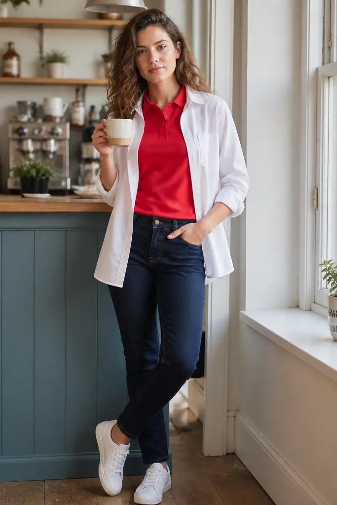 Red polo with open white button-down over dark jeans