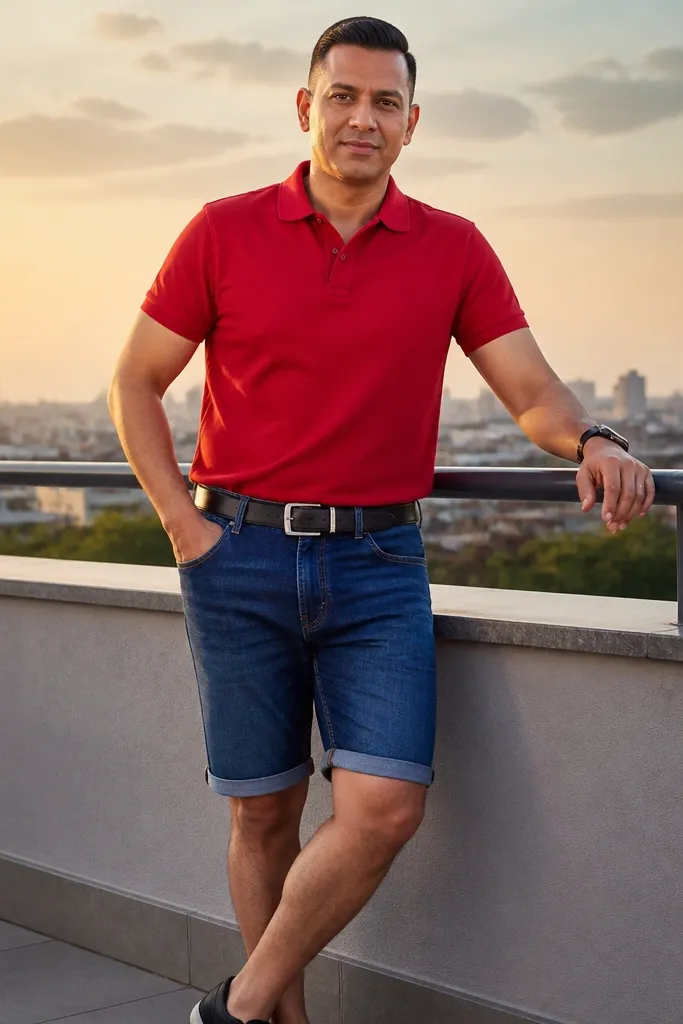 Red polo with denim shorts and a black leather belt