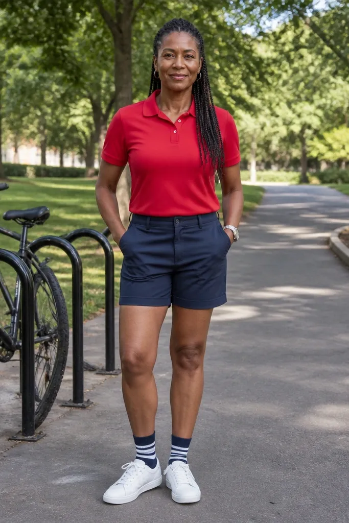 Red polo with navy shorts and striped socks
