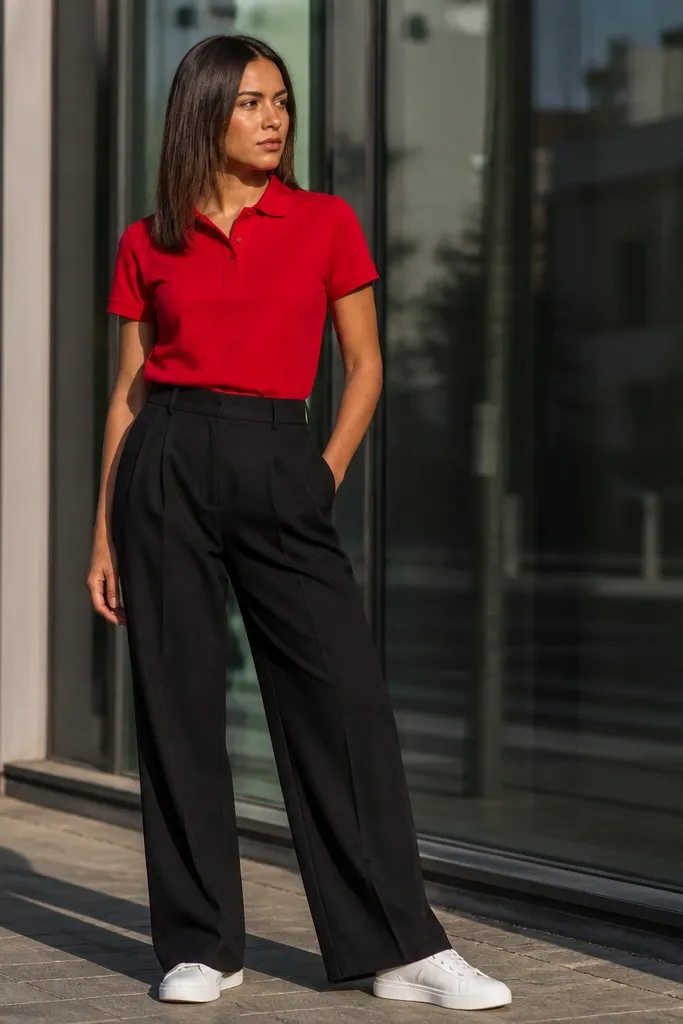 Red polo tucked into black wide-leg trousers with white sneakers