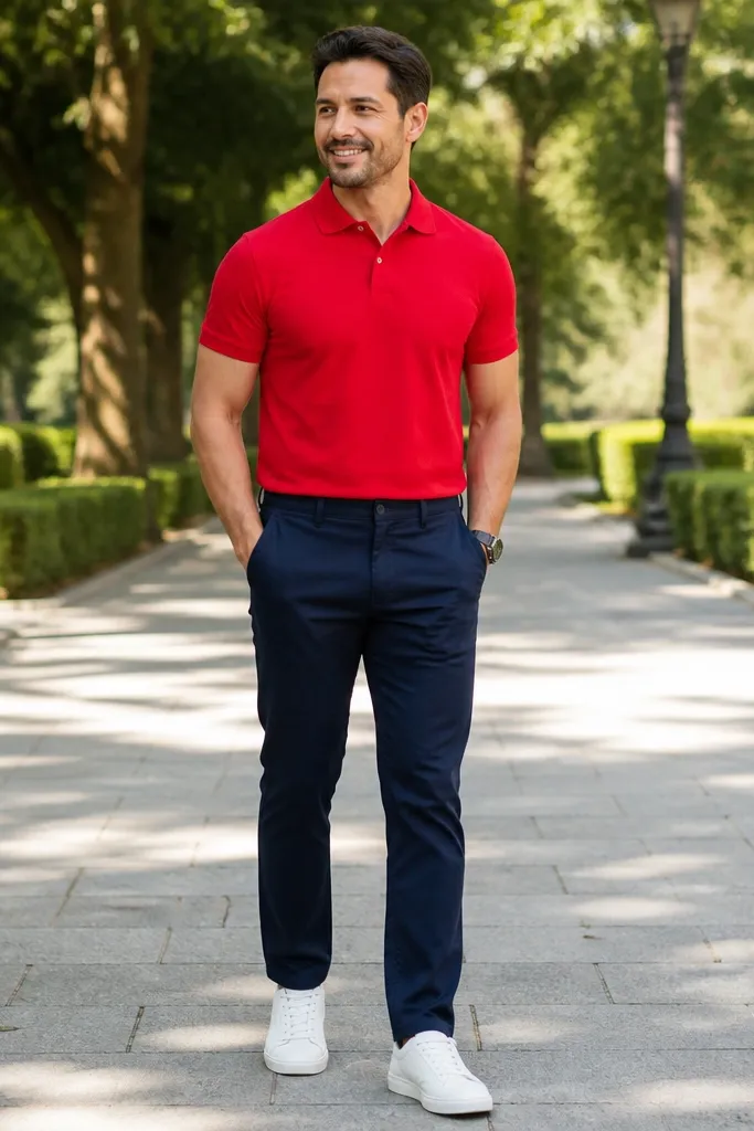 Red polo with navy chinos and white sneakers