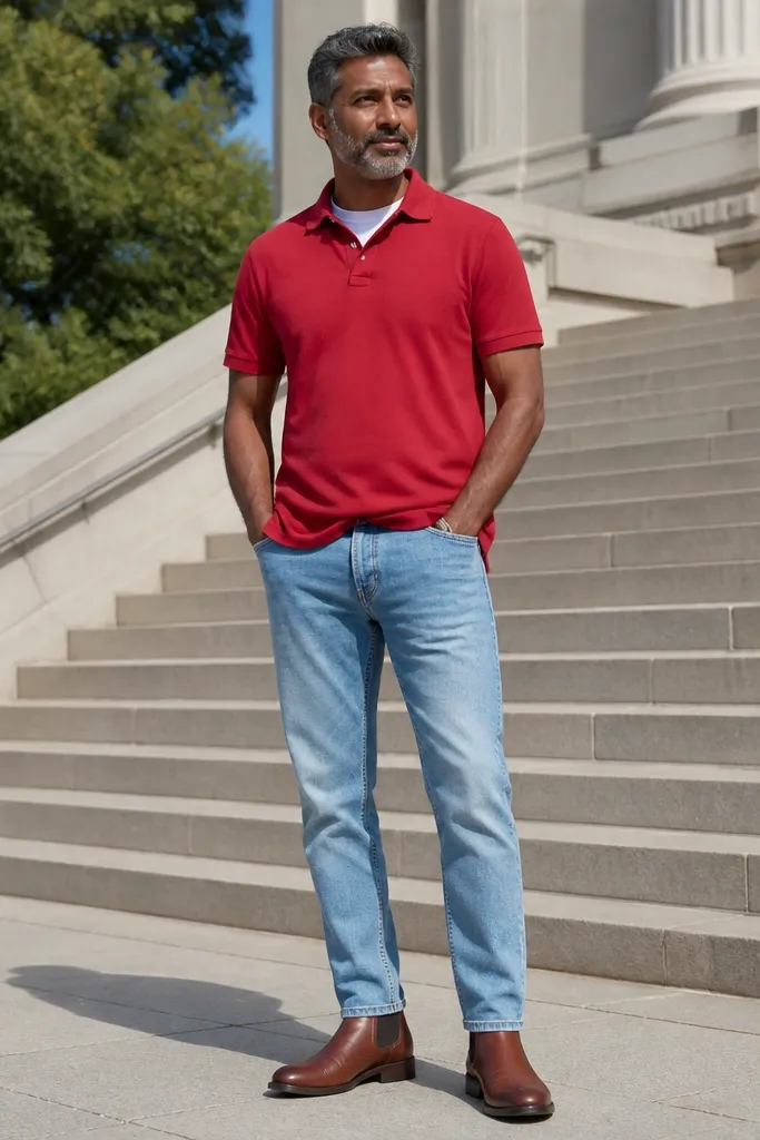 Red polo with light blue jeans and brown Chelsea boots