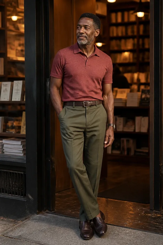 Red polo with olive trousers and dark brown belt