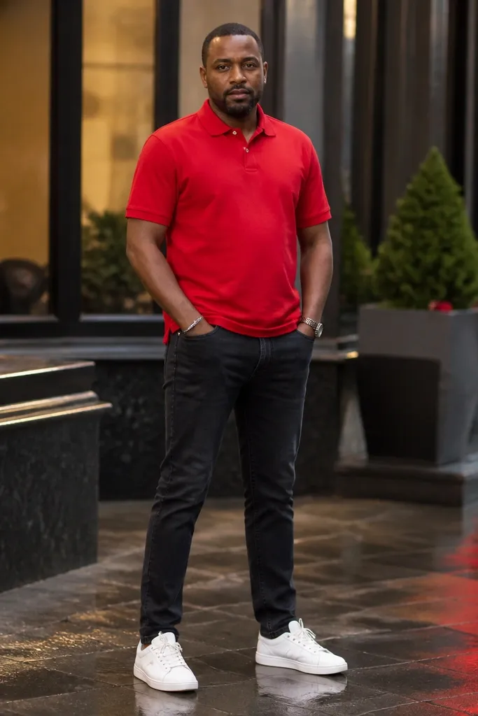 Red polo with black jeans and white sneakers