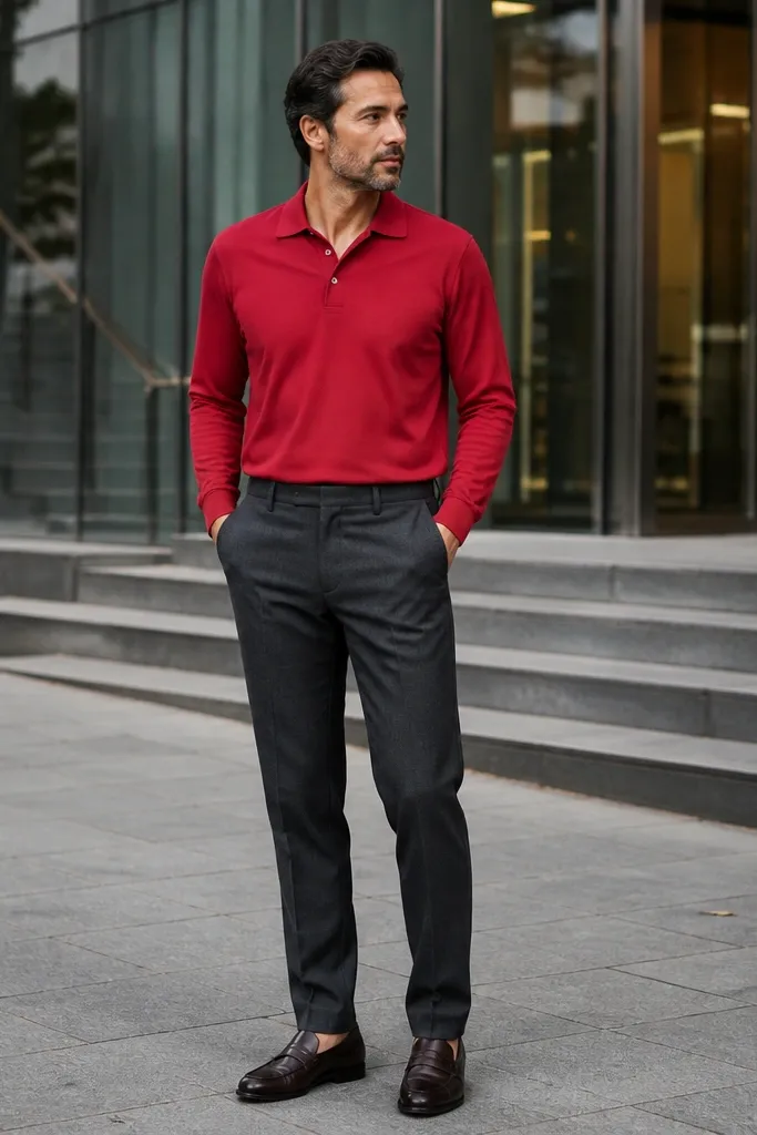 Red polo with charcoal trousers and leather loafers