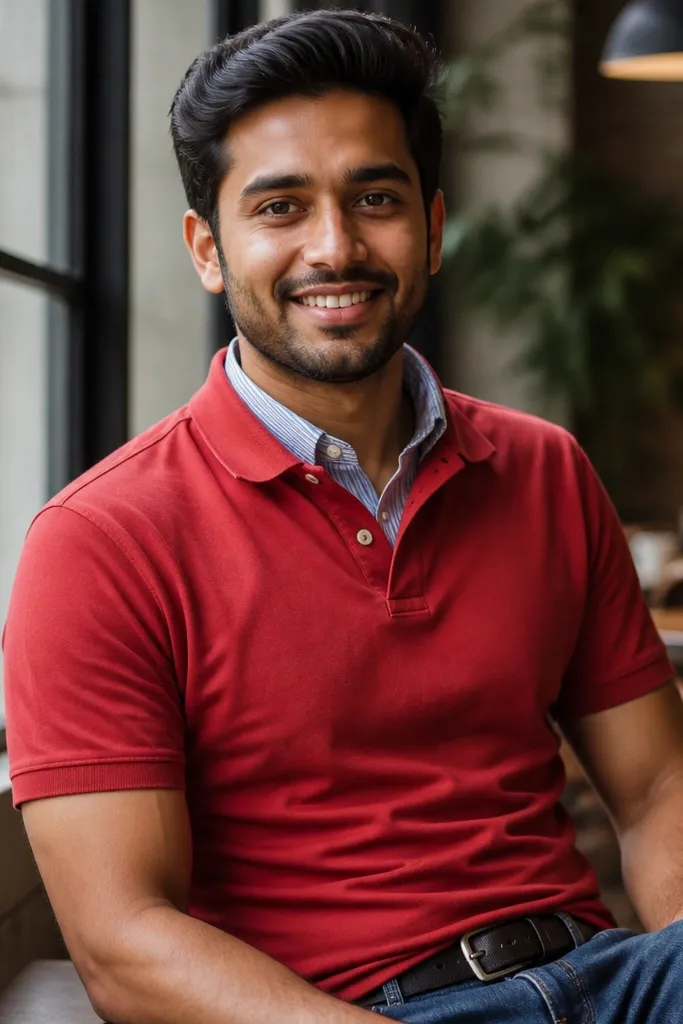Red polo worn over a blue striped button-down