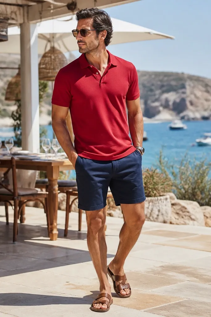 Red polo with navy shorts and leather sandals