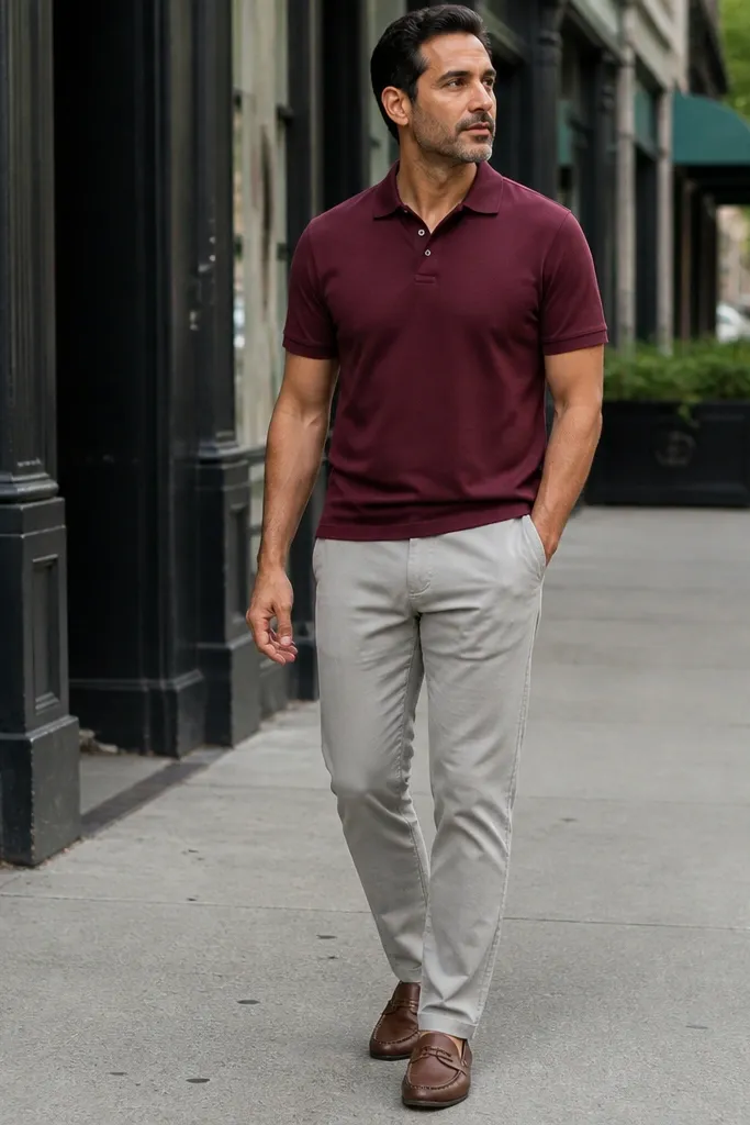 Burgundy polo with light gray chinos and brown loafers