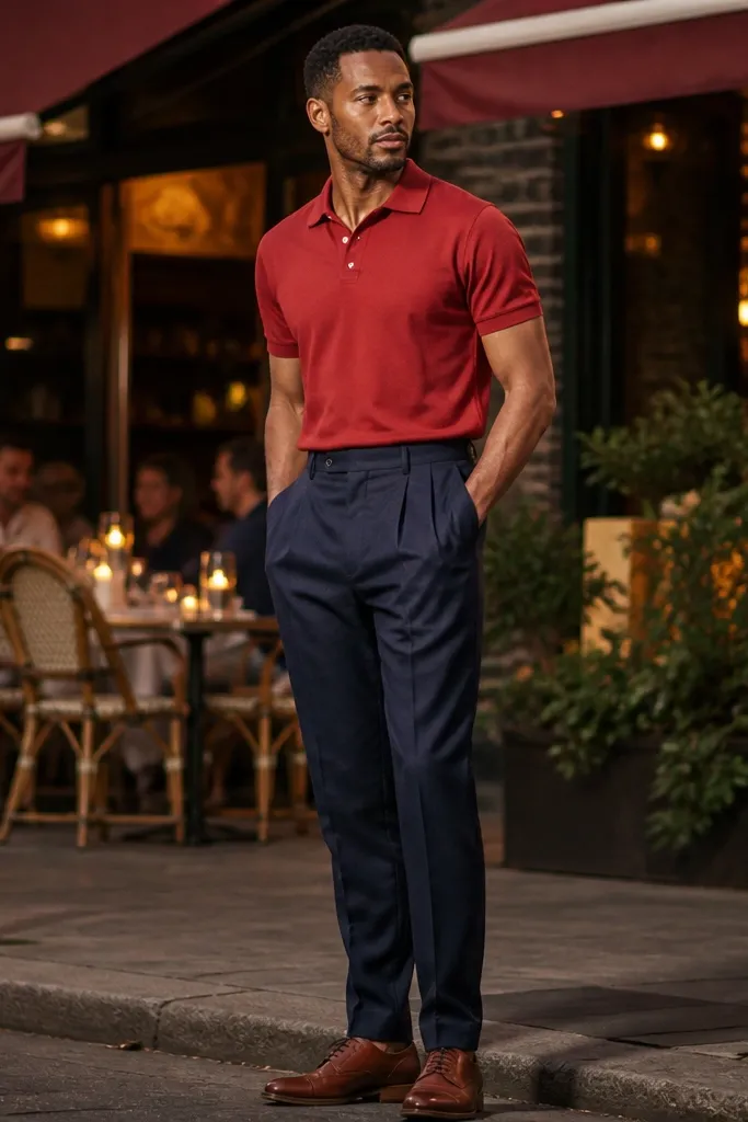 Red polo with navy pleated trousers and brown derby shoes