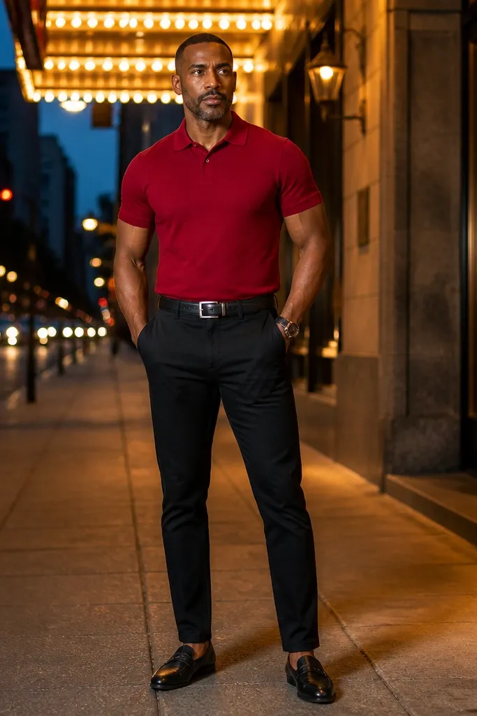 Red polo with black chinos and a silver buckle belt