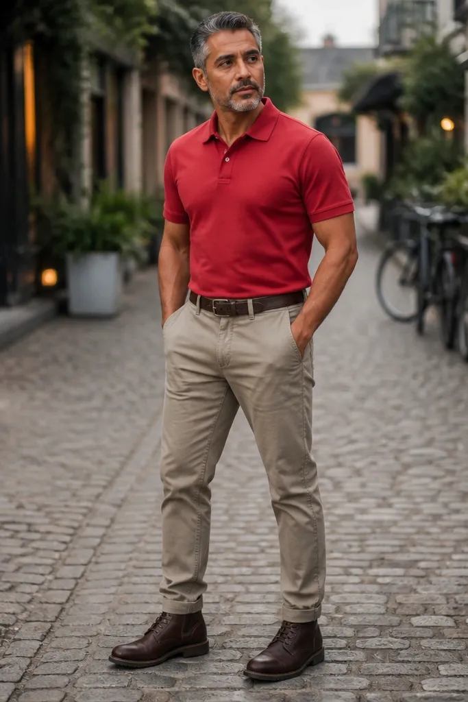 Red polo with stone chinos and dark brown leather boots