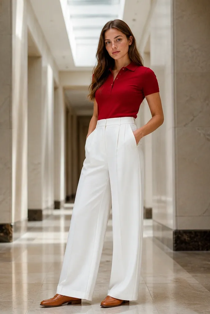 Red polo with white wide-leg trousers and tan loafers