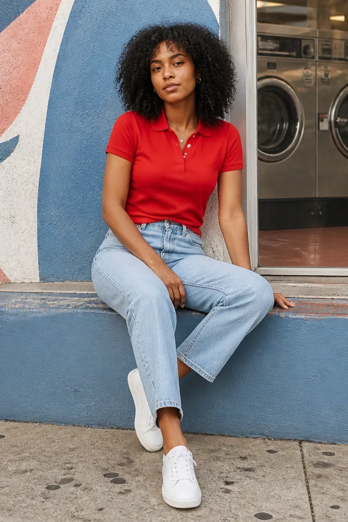 Red polo with light-wash straight jeans and white sneakers