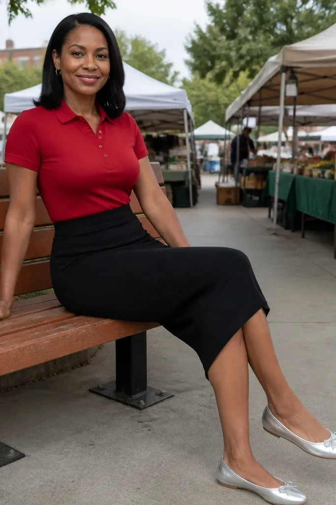 Red polo with black midi skirt and silver ballet flats