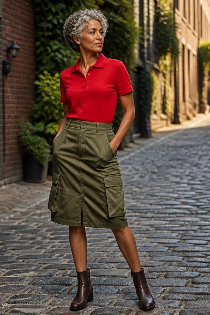 Red polo with olive cargo skirt and brown ankle boots