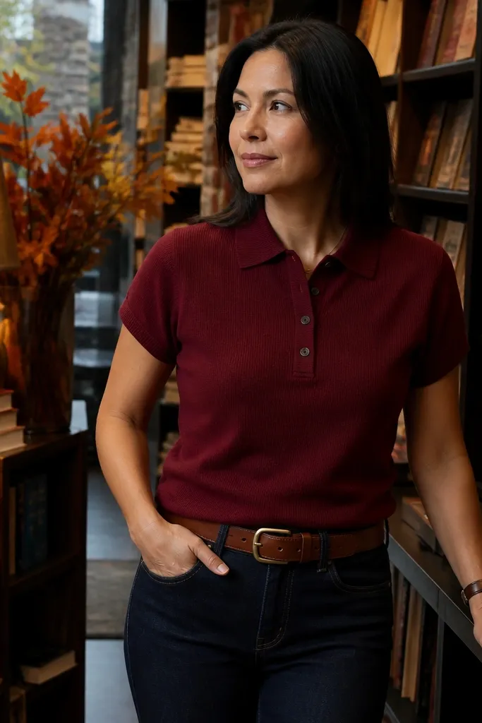 Red polo with dark indigo jeans and cognac belt