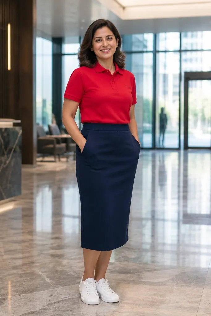 Red polo with navy pencil skirt and white trainers