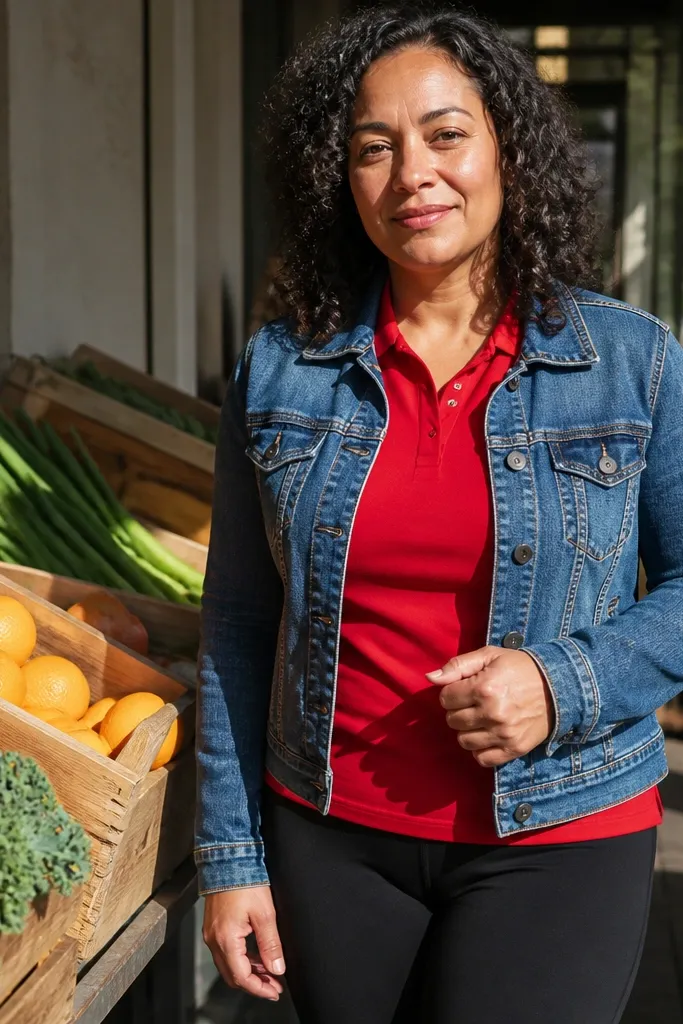 Red polo under a denim jacket with black leggings