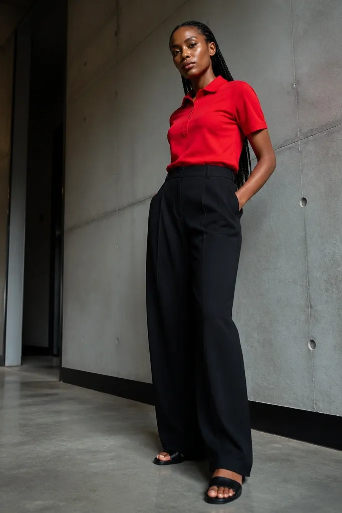 Red polo with black wide-leg pants and leather slide sandals