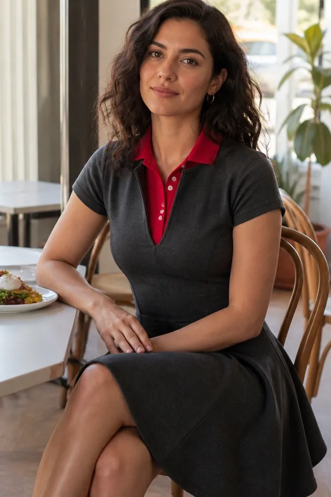 Red polo under a charcoal skater dress