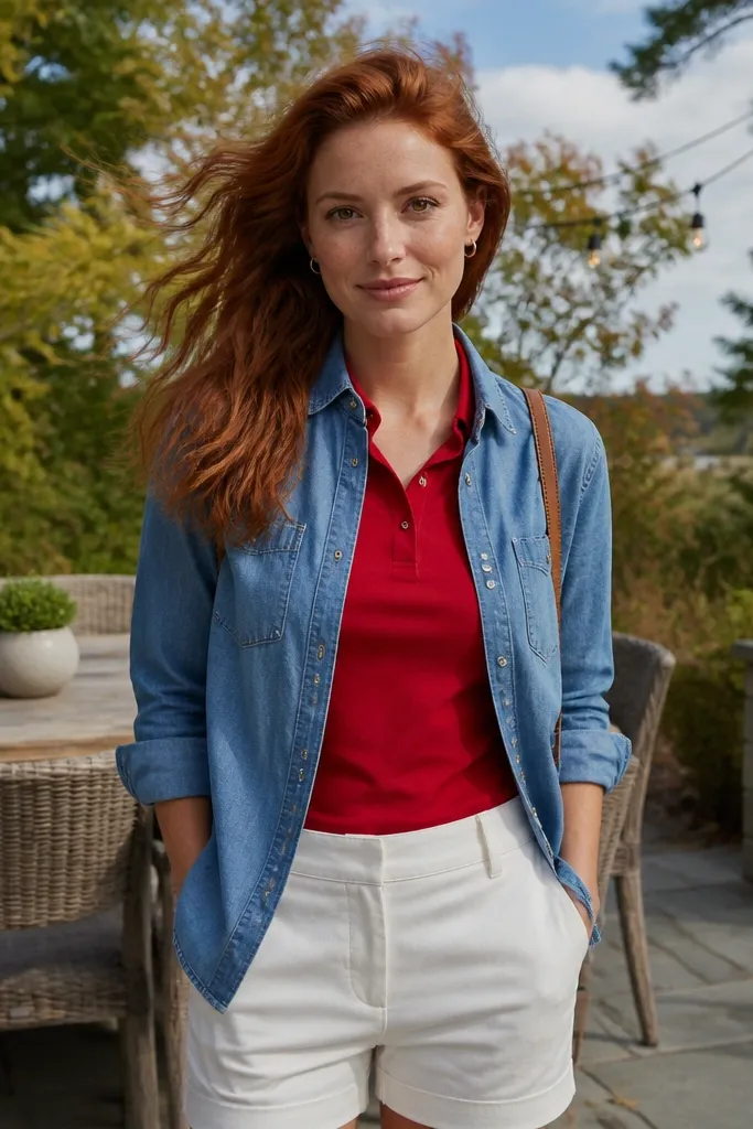 Red polo with chambray shirt over it and white shorts