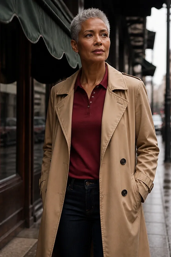 Burgundy red polo with camel trench and dark jeans