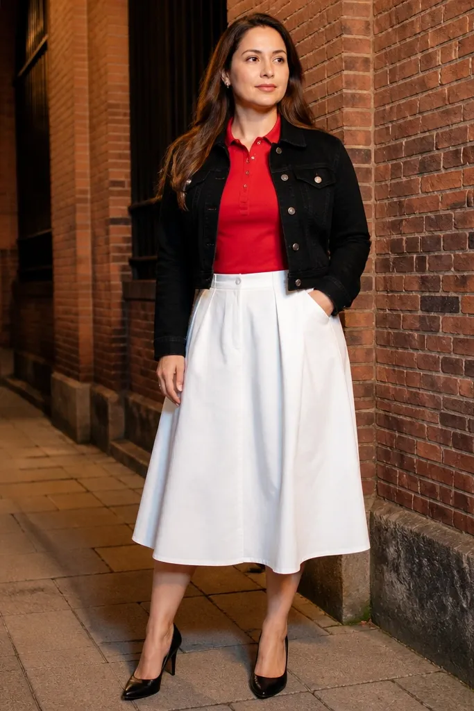 Red polo with black denim jacket and white midi skirt