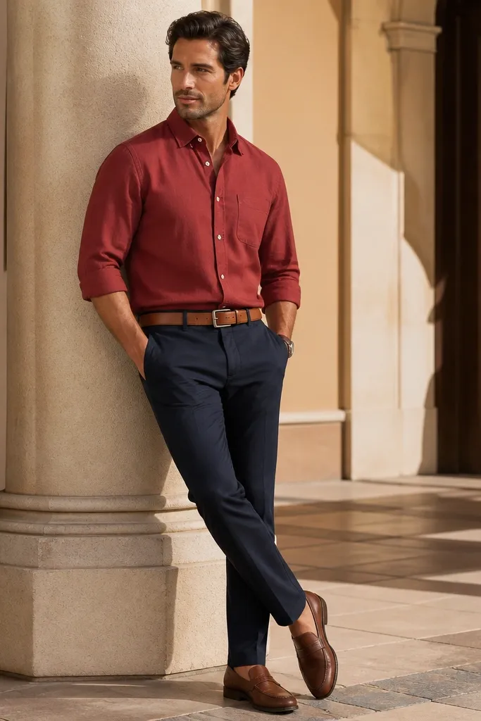 Brick red button-down with navy chinos, brown loafers, and a tan belt