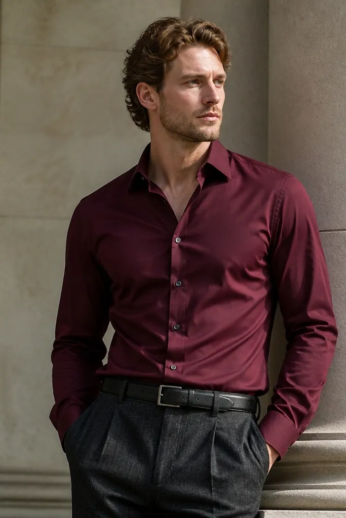 Oxblood red shirt with charcoal wool trousers and black leather belt