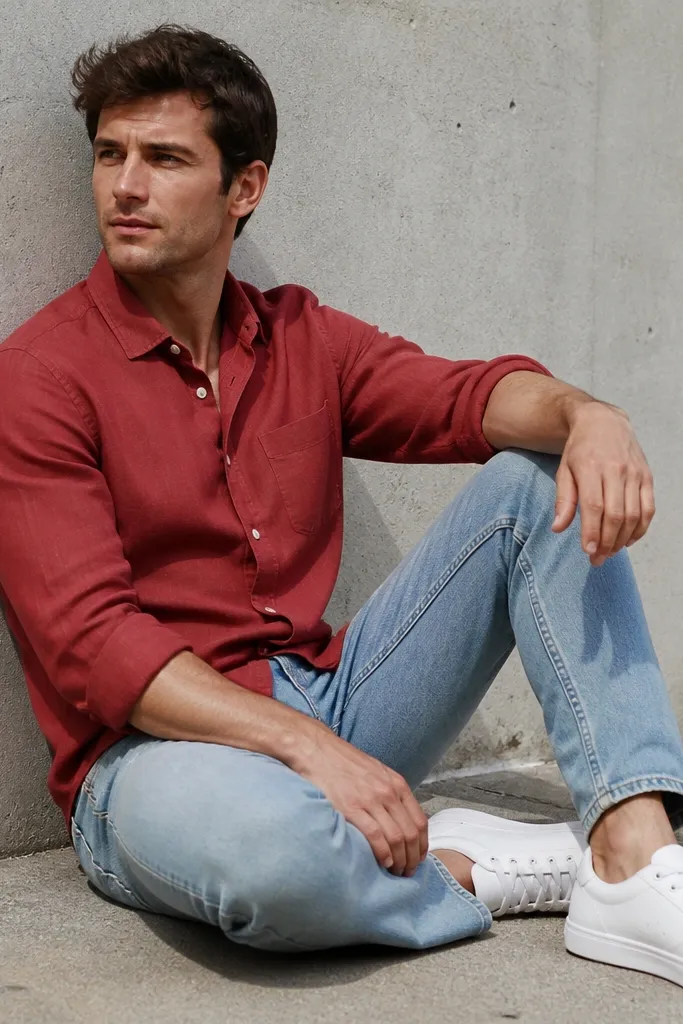 Muted tomato red shirt with light blue jeans and clean white sneakers