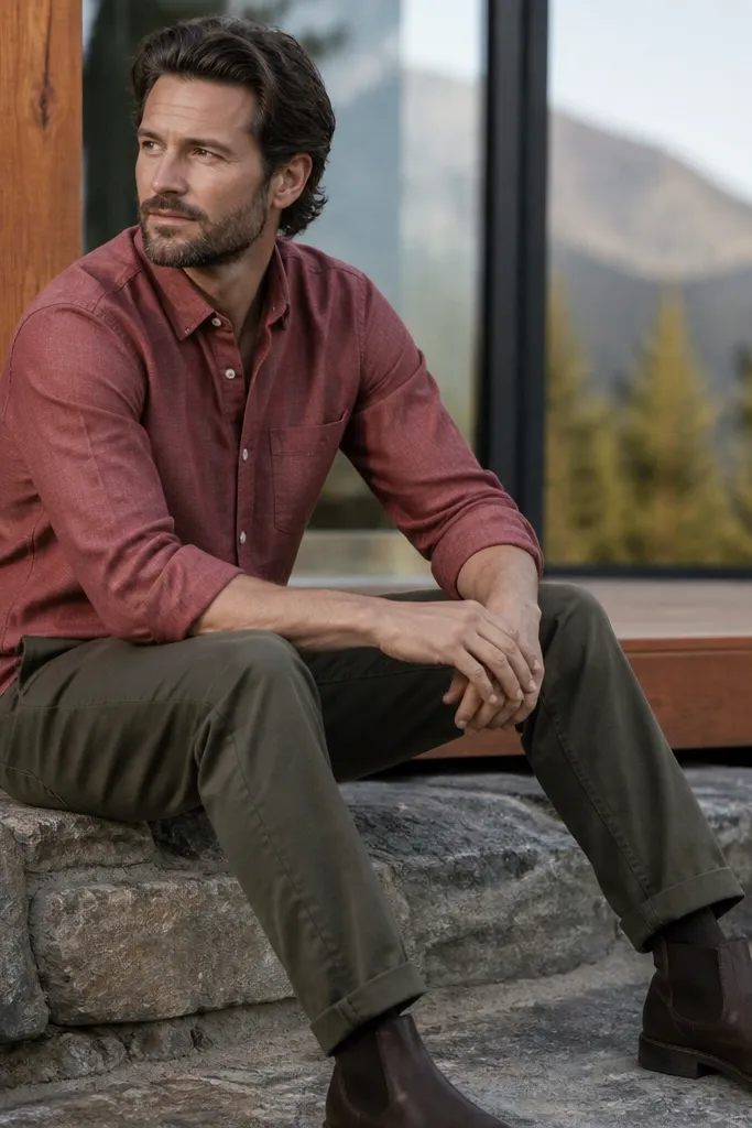 Red chambray shirt with olive chinos and dark brown ankle boots
