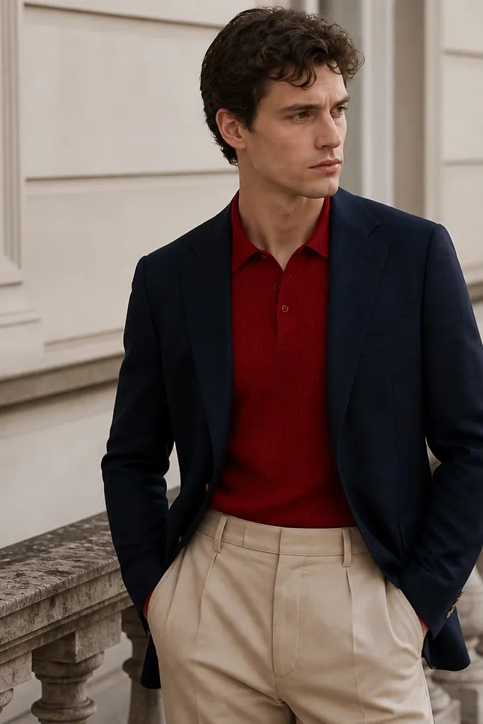 Red knit polo with navy blazer and beige trousers