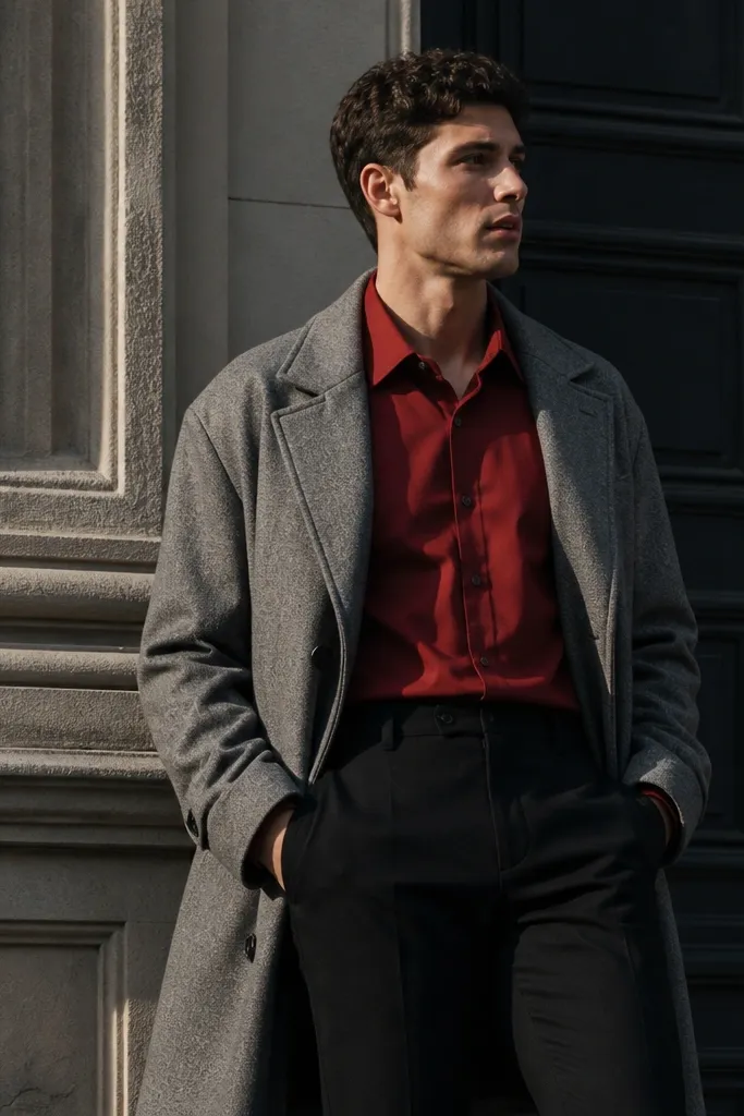 Red button-down with black trousers and a gray overcoat