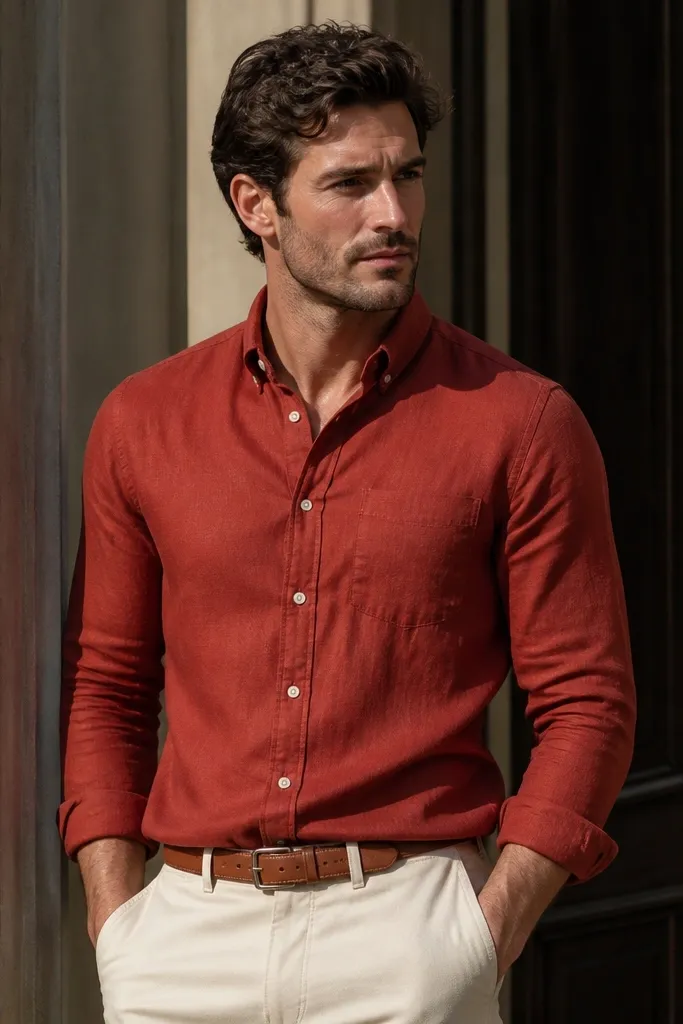 Brick red button-down with cream chinos and cognac belt