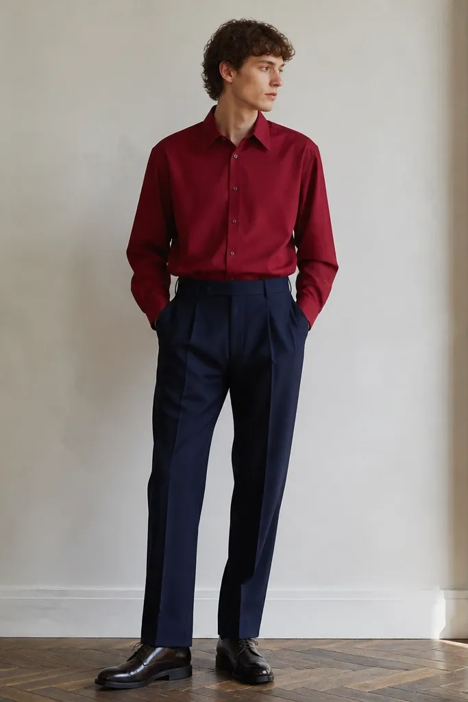 Red poplin shirt with navy pleated trousers and leather derby shoes