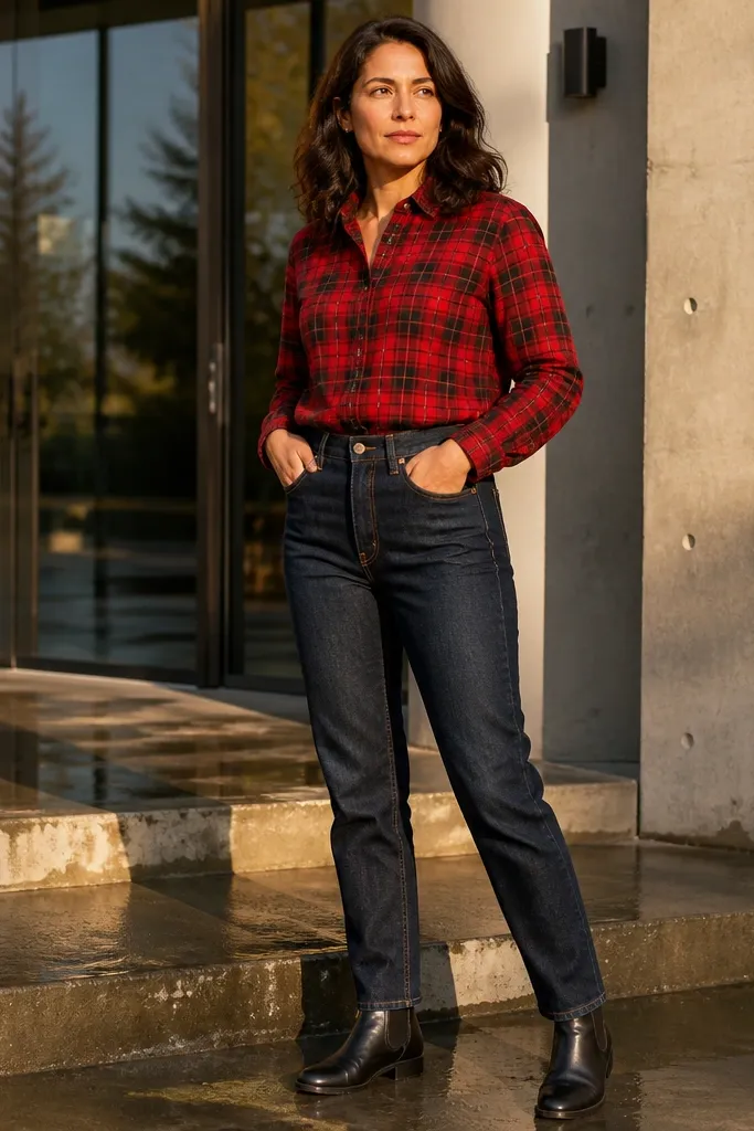 Red flannel shirt with dark jeans and black Chelsea boots