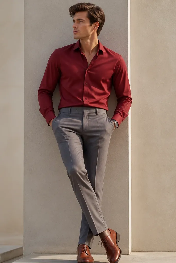 Red shirt with gray suit trousers and brown oxford shoes