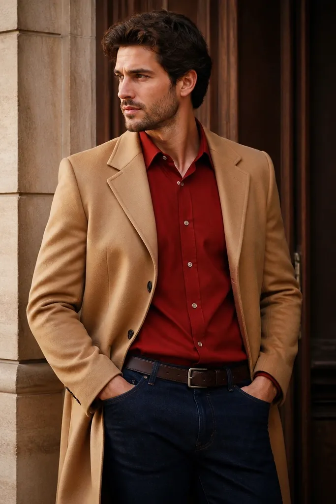 Tomato red shirt with navy jeans and a camel overcoat