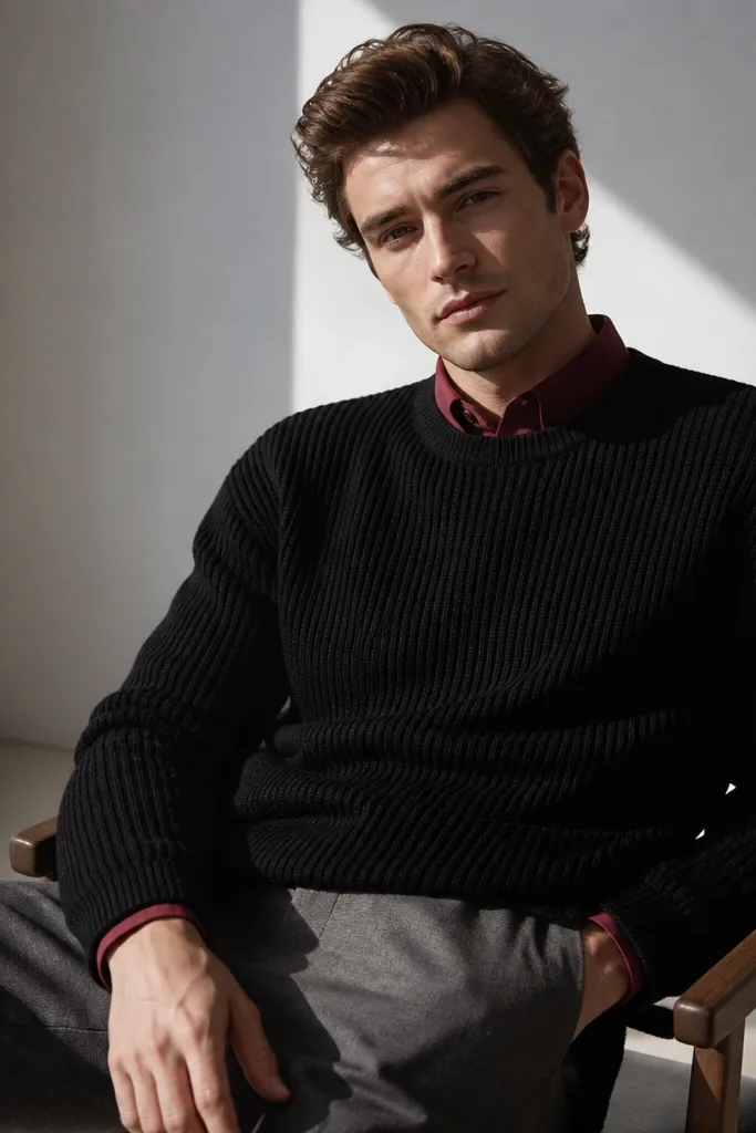 Red shirt under a black knit sweater with gray trousers