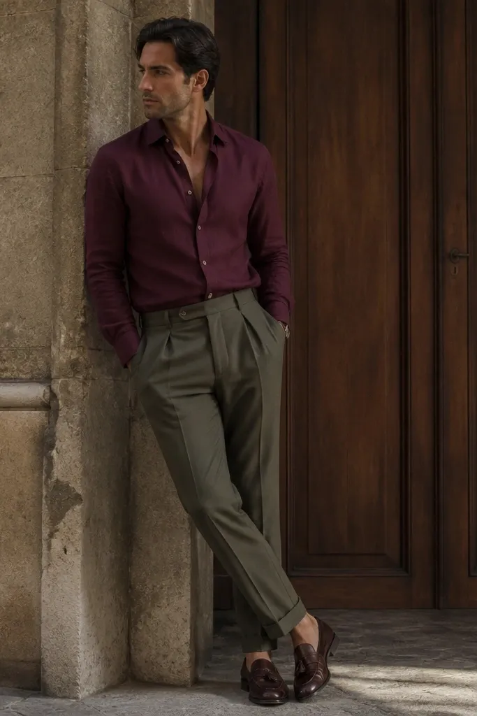 Oxblood red shirt with olive suit trousers and leather loafers