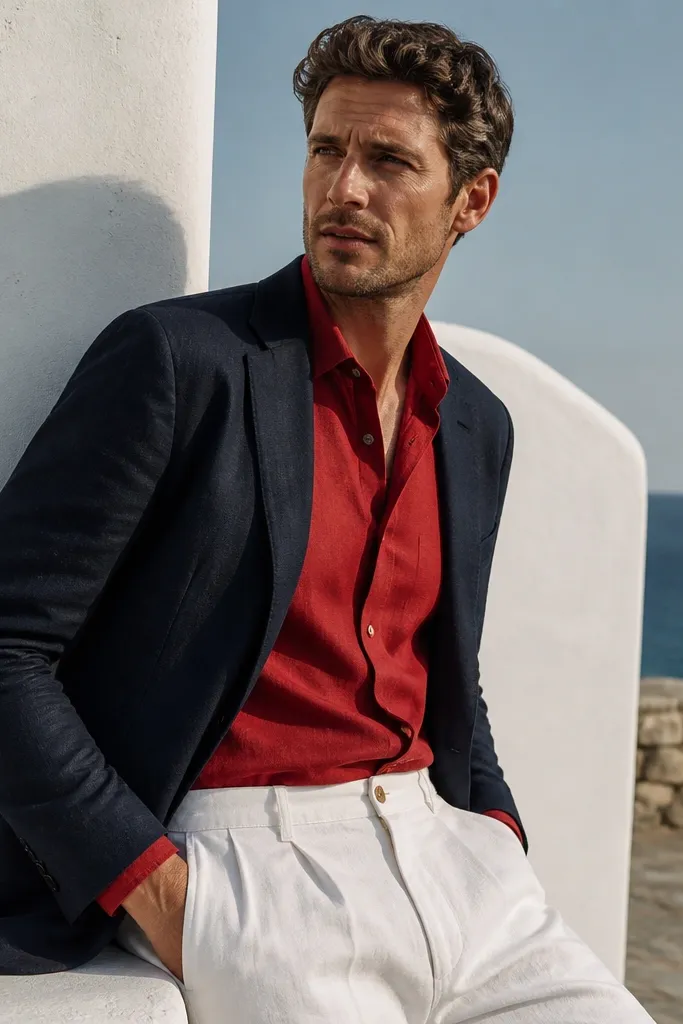 Red shirt with white chinos and a navy blazer