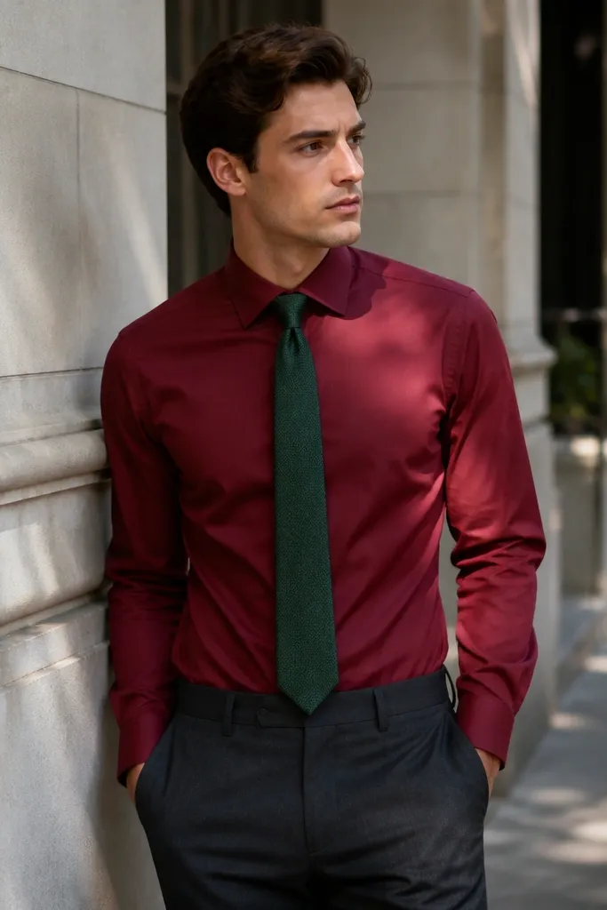 Red shirt with charcoal trousers and a dark green tie